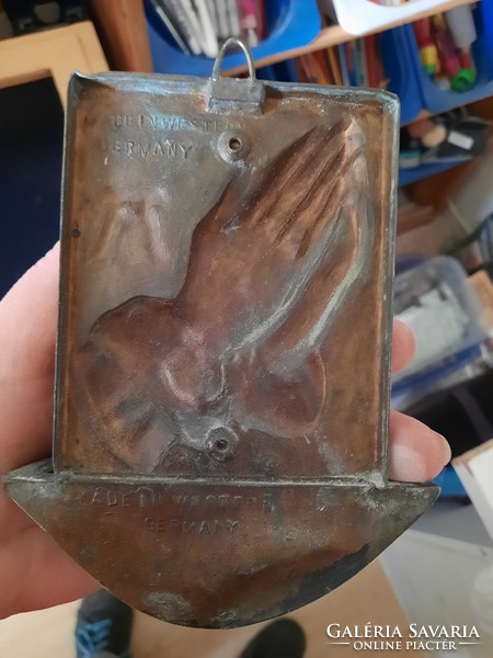 Antique holy water container, after Dürer praying hands, copper, negotiable