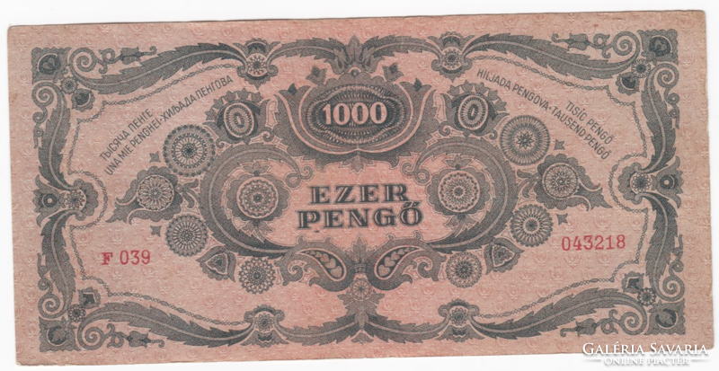 One thousand pengő from 1945 with a red stamp