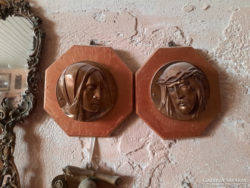 Antique paired copper Virgin Mary and Jesus Christ relief, wall relief, negotiable