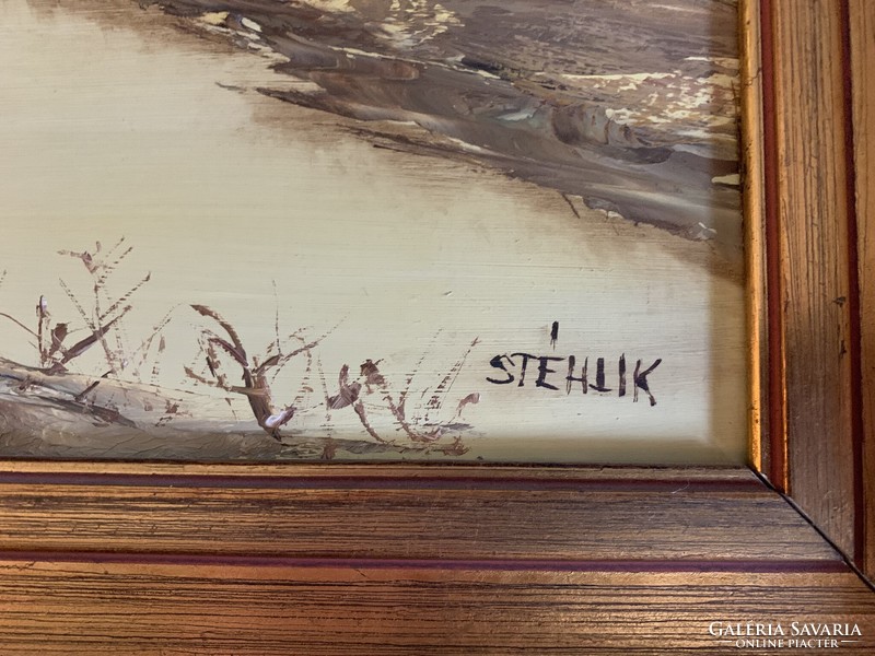 Stéhlik János "Eső után" című olajfestménye aranyozott keretben (110x70cm)