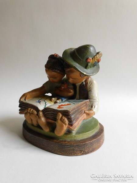 József Gondos - children reading a storybook - ceramic figure