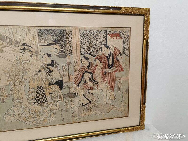 Antique Japanese woodcut 3 pieces of samurai geisha life portrait motif in frame 453 8293