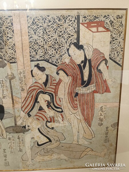 Antique Japanese woodcut 3 pieces of samurai geisha life portrait motif in frame 453 8293