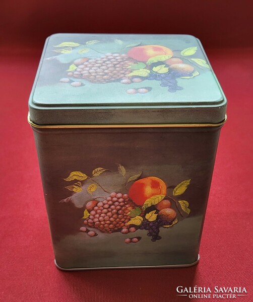 Vintage fémdoboz pléhdoboz pléh doboz tároló díszdoboz gyümölcs mintával