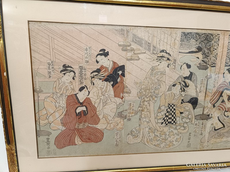 Antik Japán fametszet 3 darab szamuráj gésa életkép motívum keretben 453 8293