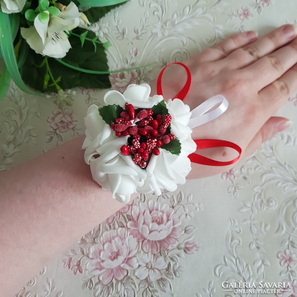 New, custom-made white-red wrist ornament with roses and pearls