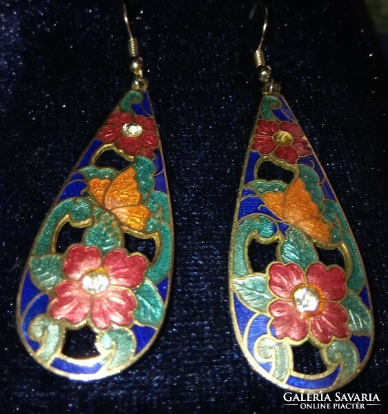 Copper fire enamel earrings with zirconia stone Art Nouveau fashion jewelry 7 cm!