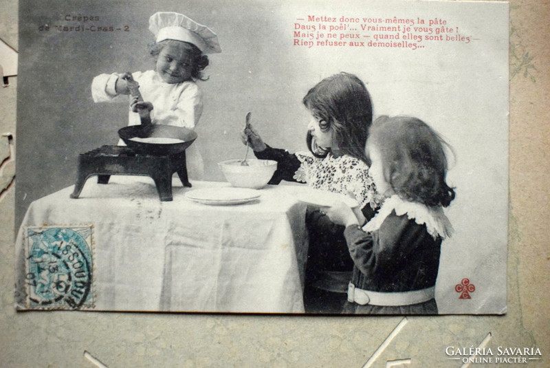 Series of 5 humorous photo postcards - children, chef, food, salary