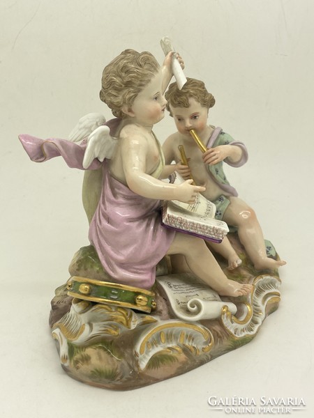 Antik meissen zenélő puttók rokokó alapon c1860 kiváló restaurációs projekt 15cm