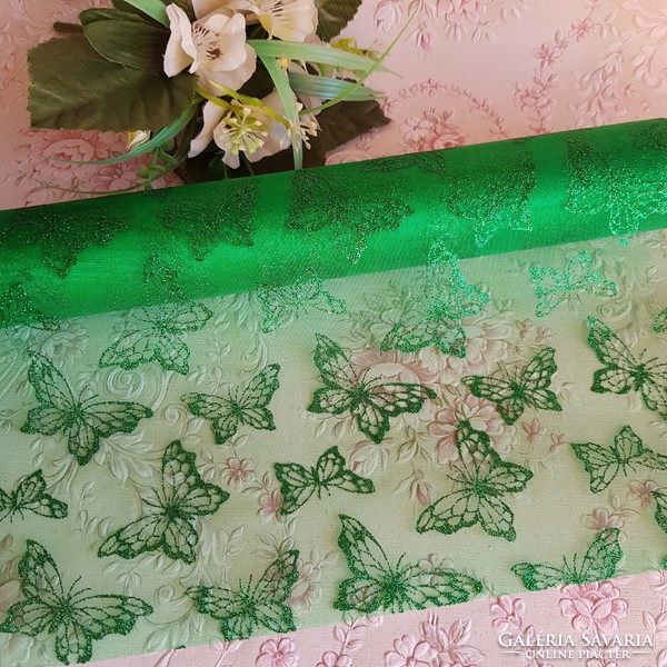 36cm unopened grass green organza material with glittery butterfly pattern, packaging