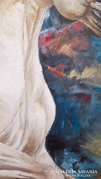 Konstantin Pál: fehér ló modern nagyméretű olajfestmény vásznon, oldalt festve