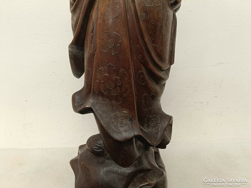 Antique laughing Buddha Buddhist wooden statue with copper plate inlay 489 8334