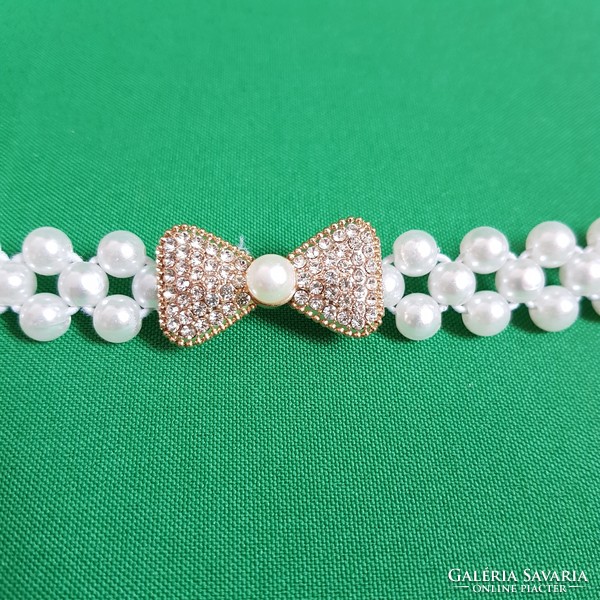 New elastic bridal belt with rhinestone bow, snow white pearl belt