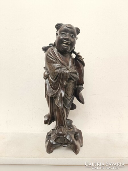 Antique laughing Buddha Buddhist wooden statue with copper plate inlay 489 8334