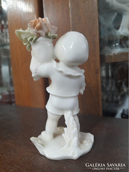 Rare Alt German, Germany Karl Ens Volkstedt boy in love with a bouquet of roses porcelain figurine. 11.5 Cm.