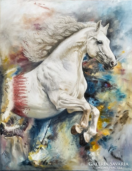 Konstantin Pál: fehér ló modern nagyméretű olajfestmény vásznon, oldalt festve