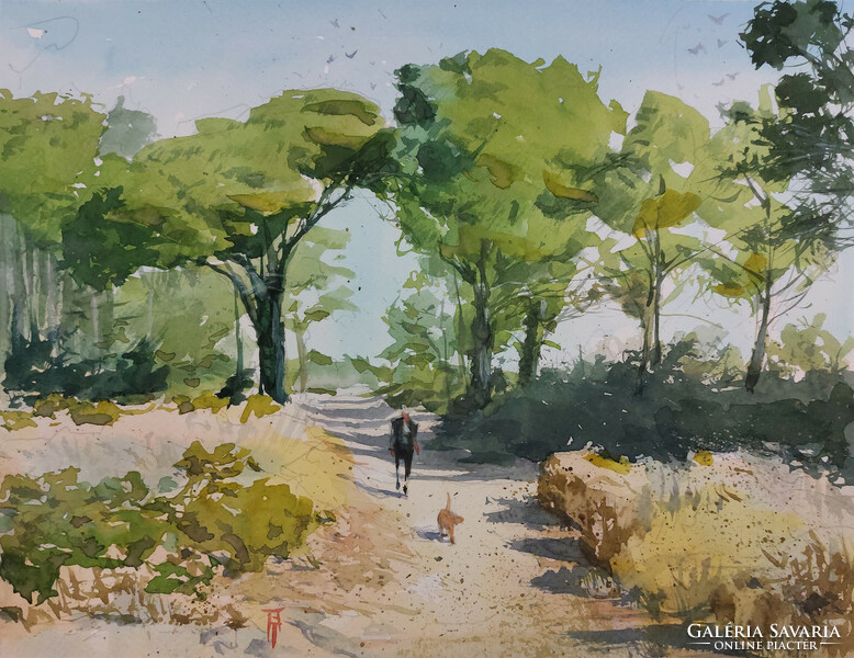 Bálinth Tibor :   A walk under the trees    (akvarell 23cm x 29,5cm papír 300 gr.)    mediterrán táj