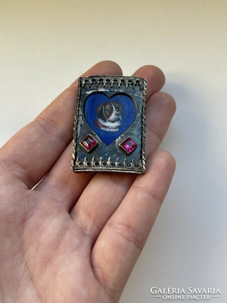 1800s fire enamel dog portrait noble silver brooch in a gold fire enamel gift box heart motif!!