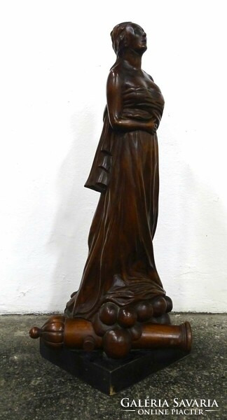 1P868 Antik hatalmas faragott nő szobor ágyúval 98.5 cm
