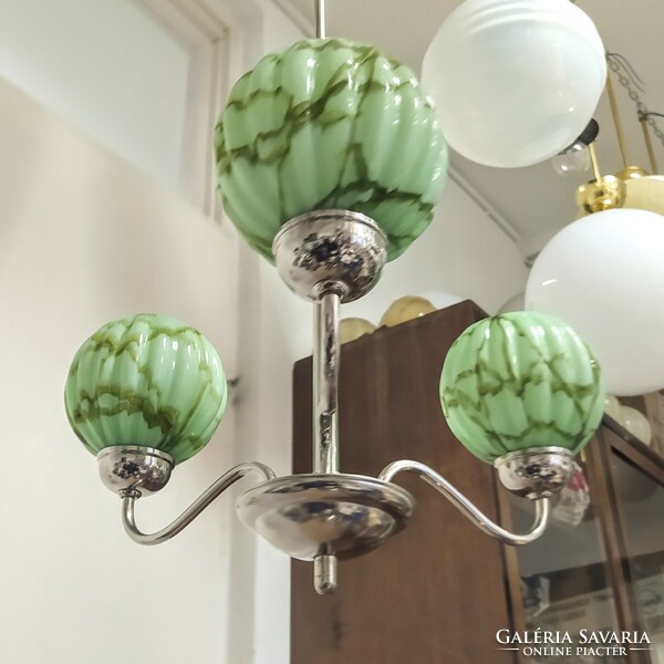 Art deco 3-arm, nickel-plated chandelier renovated - ribbed, marbled green shade