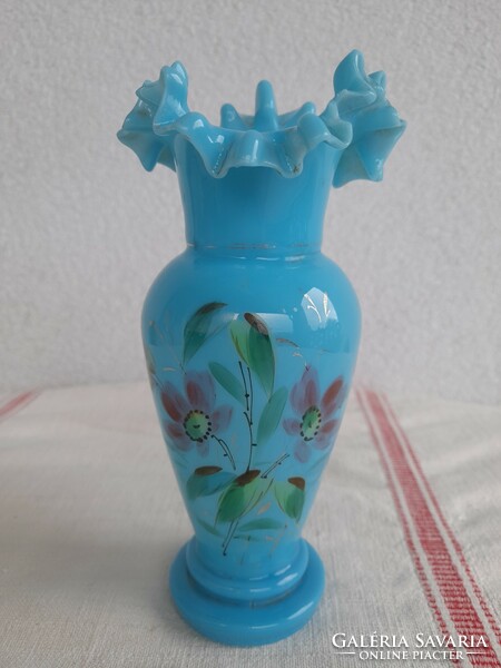 Art Nouveau blown huta opal glass enamel painted antique vase