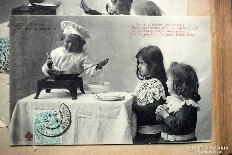 Series of 5 humorous photo postcards - children, chef, food, salary