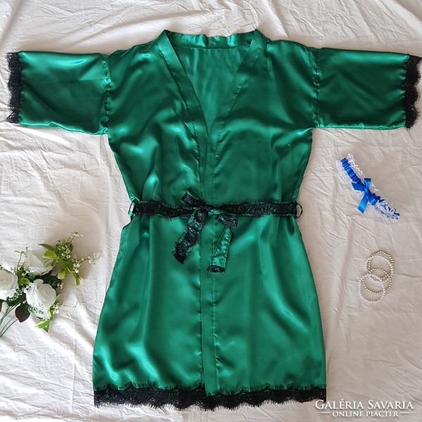 Black lace teal satin robe, ready-to-wear robe - approx. 2Xl