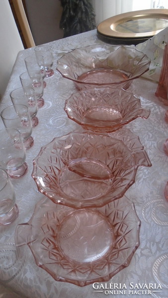 Vintage rose-colored polished glass glass set and trays and vases in one