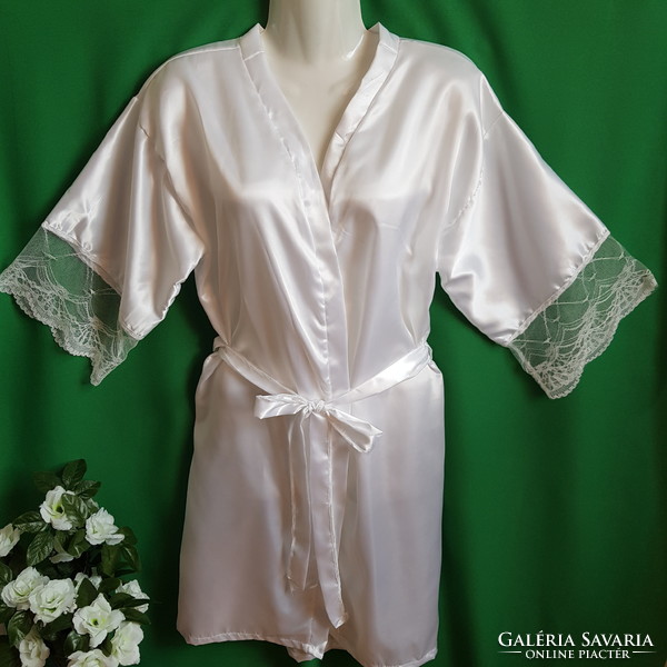 Snow white satin robe with lace sleeves, making robe - approx. L-shaped