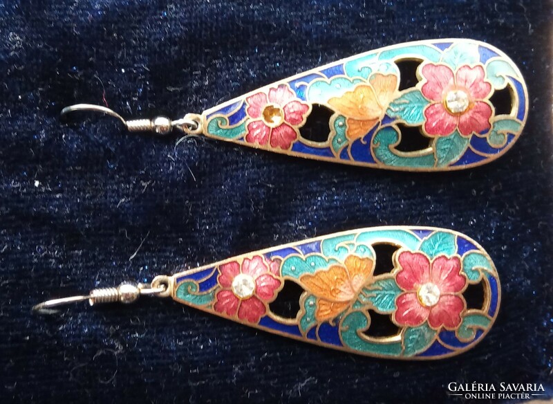Copper fire enamel earrings with zirconia stone Art Nouveau fashion jewelry 7 cm!