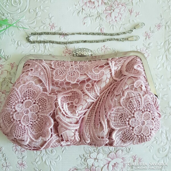 New, dark powder, mauve lace, rhinestone, casual bag, reticule