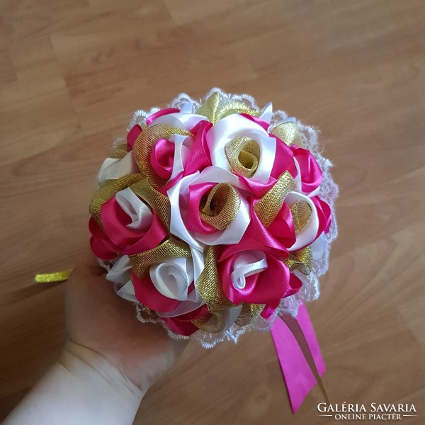 New, custom-made snow-white-pink-gold lacy bridal eternal bouquet