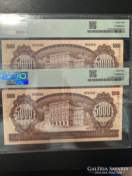 5000 forint 1995 "K" !!  2 db sorszám követő!!  PMG tokos 64-es!!  UNC!!  RITKA!!