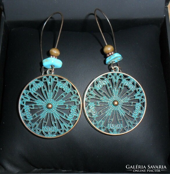 Boho-style, openwork lace pattern, bronze-turquoise stone earrings.