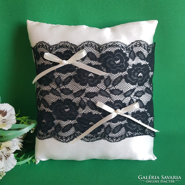 New, custom-made ecru wedding ring pillow with black lace
