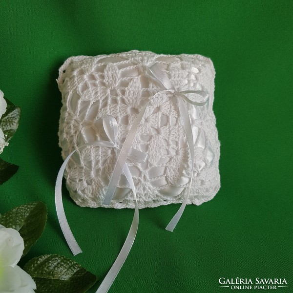 New, custom-made, snow-white crocheted satin wedding ring pillow