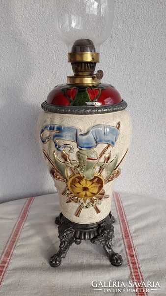 Steidl znaim historicizing table kerosene lamp, large, plastic majolica