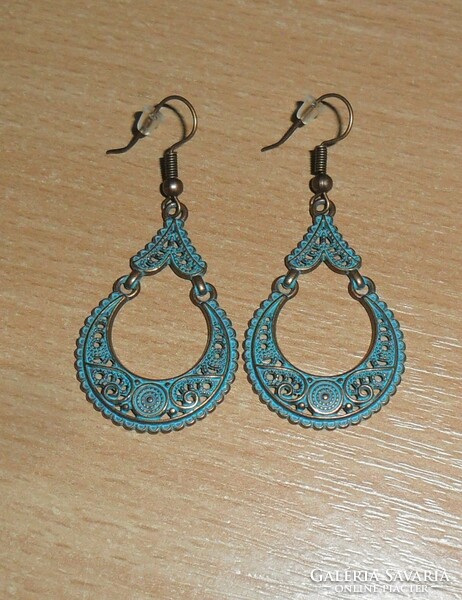 Boho-style, openwork lace pattern, bronze-turquoise earrings.