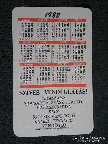 Card calendar, Szekszárd afés, Saxon pub, Sió csárda, graphic artist, 1982, (4)
