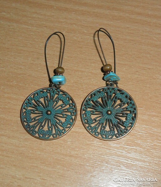 Boho-style, openwork lace pattern, bronze-turquoise stone earrings.
