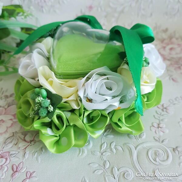 New, custom-made green-cream-white wedding bouquet and ring holder set