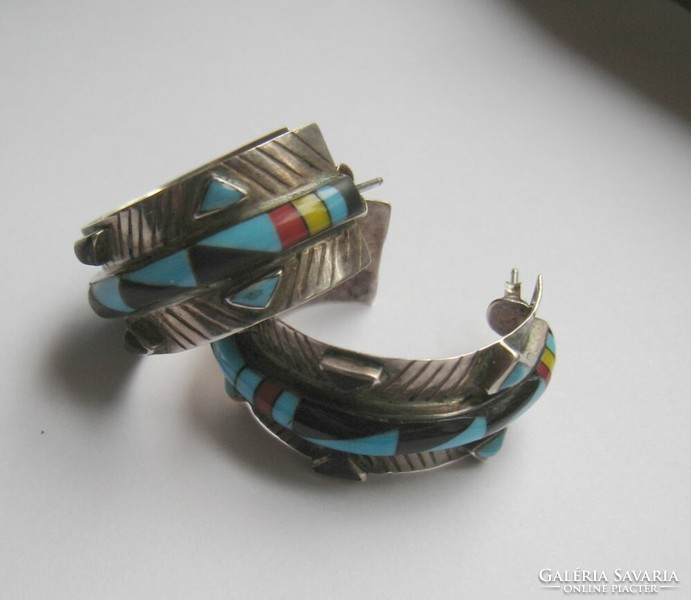 Indián kézműves design ezüst fülbevaló türkizekkel - navajo