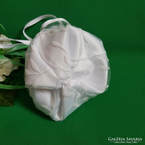 New, snow-white, leaf-patterned, satin-organza bridal gown, small bag