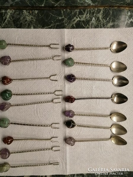 Small spoons with twisted handles + snack forks with semi-precious stones