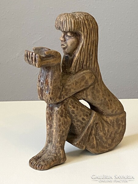 Pj 1983 seated girl carved retro sculpture 23 cm