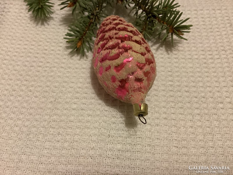Régi  üveg havas hatású rózsaszín toboz karácsonyfadísz