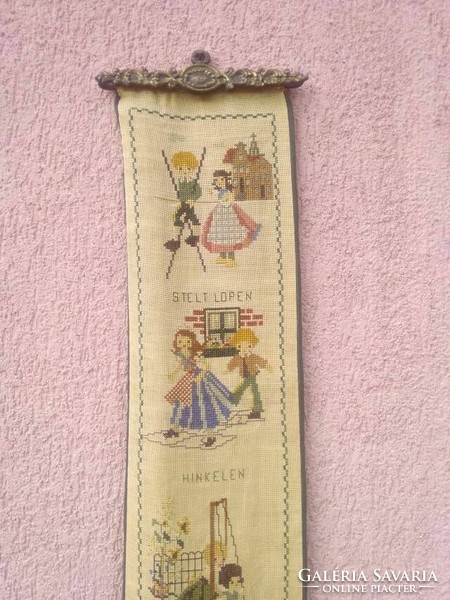 Antique woven copper-clad prayer house cord with embroidered scenes from the Netherlands, a unique rarity