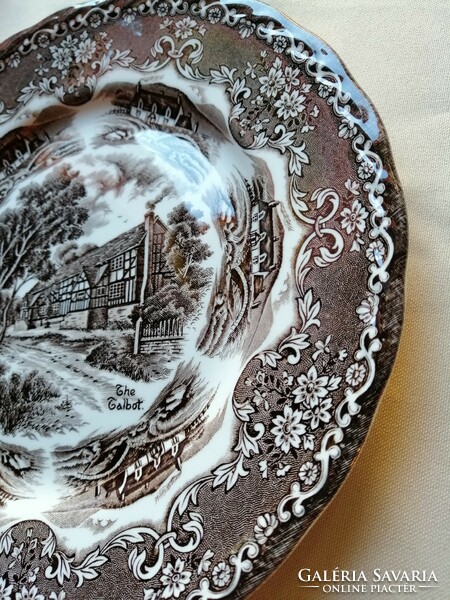 Angol fajansz tányér, barna transzfer dekorációval