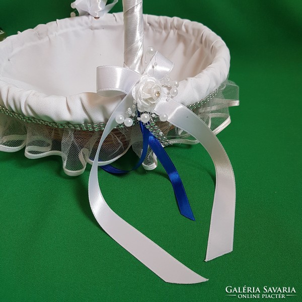 Custom-made snow-white-royal blue ring pillow and petal scattering basket set