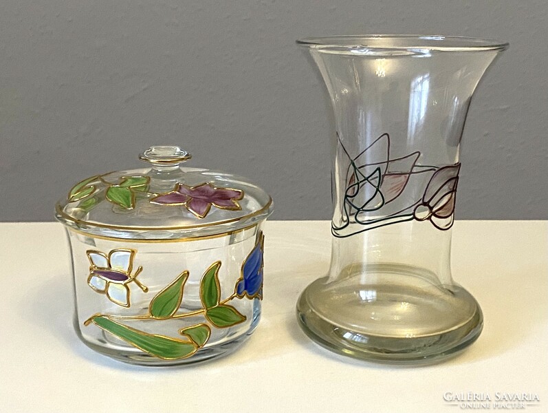 2 painted flower pattern gilt object vases, glass bowl with lid, serving bowl together